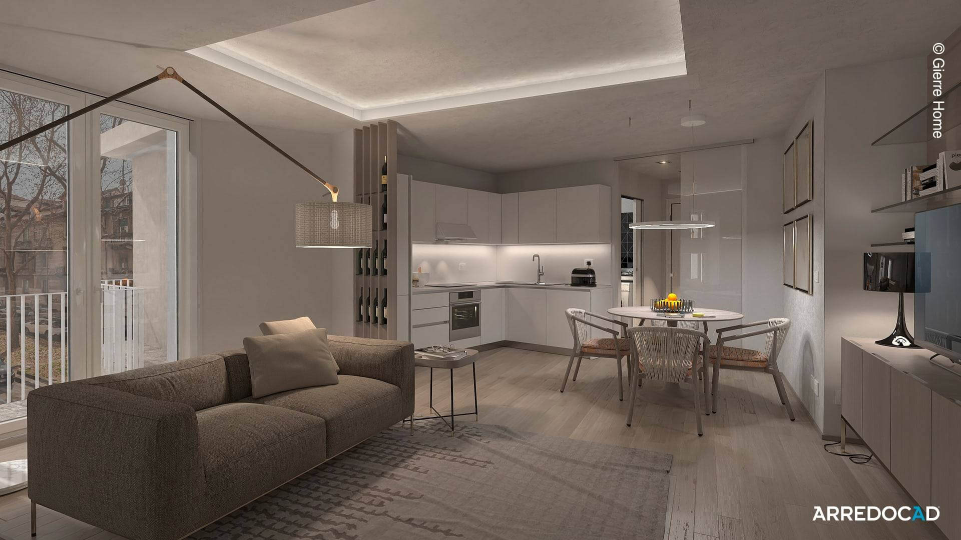 Render di un piccolo salotto accogliente con arredi proporzionati, colori chiari e specchio decorativo