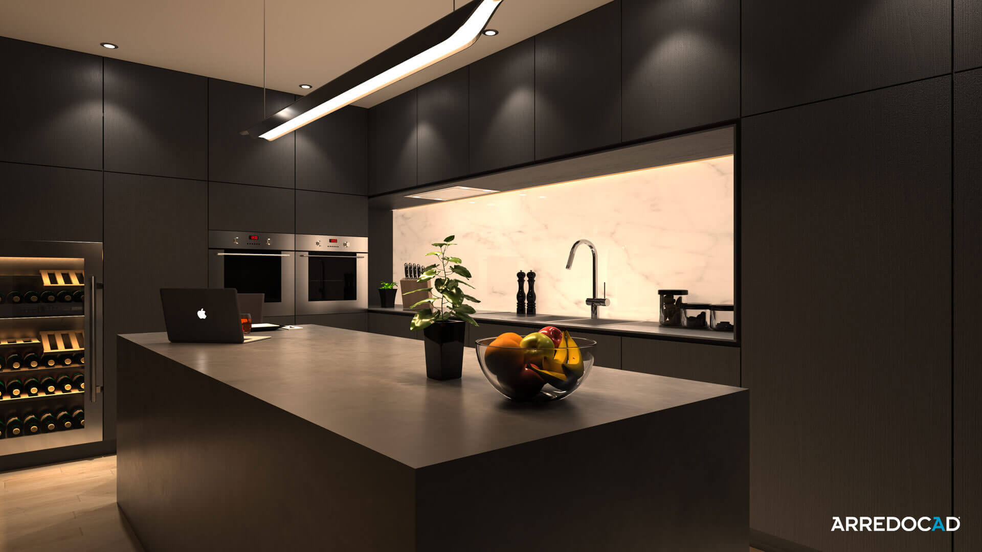 Render 3D di un living con illuminazione serale calda e punti luce stratificati