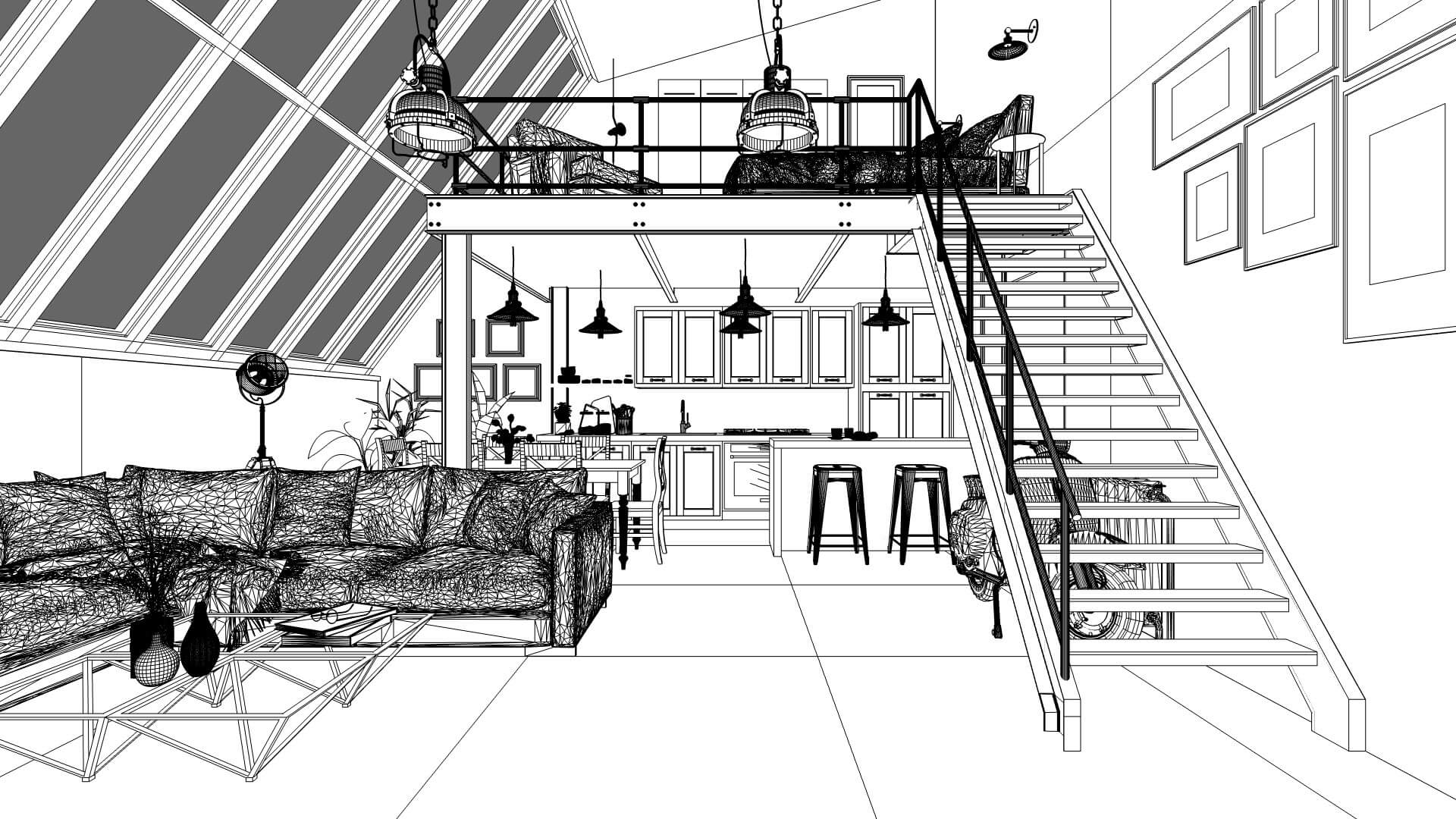 Modello 3D in wireframe di un soggiorno