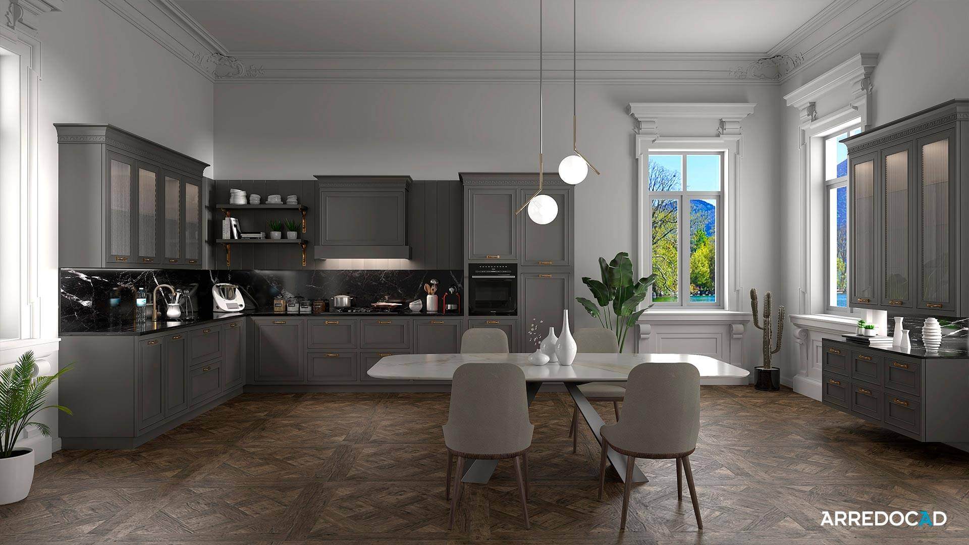 Render fotorealistico di un soggiorno moderno.