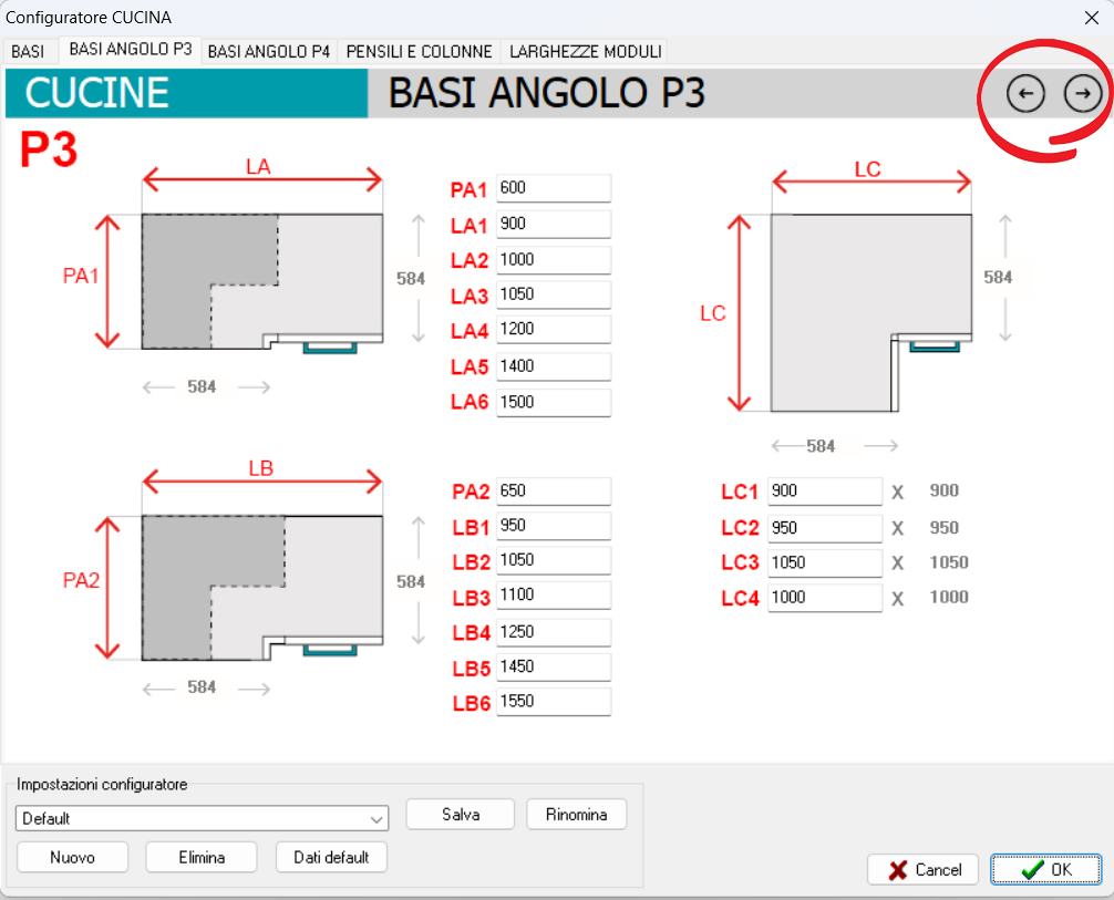 Navigazione schede configurazione ArredoCAD con frecce e tab