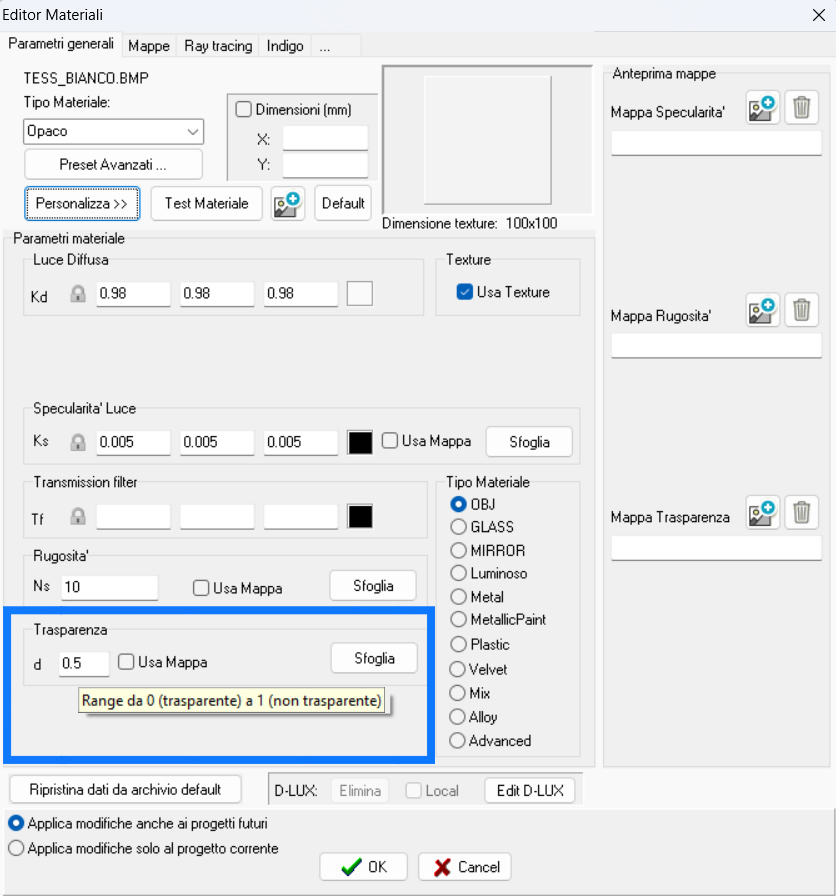 Setting of the material transparency parameters in ArredoCAD.