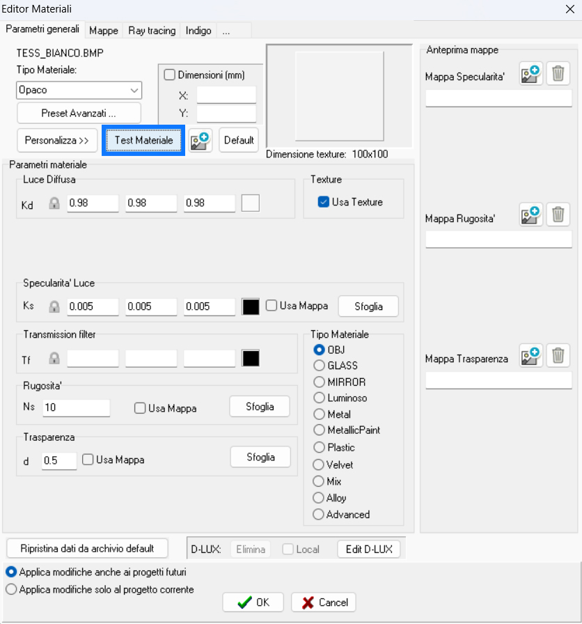 Preview window of the materail test in ArredoCAD.