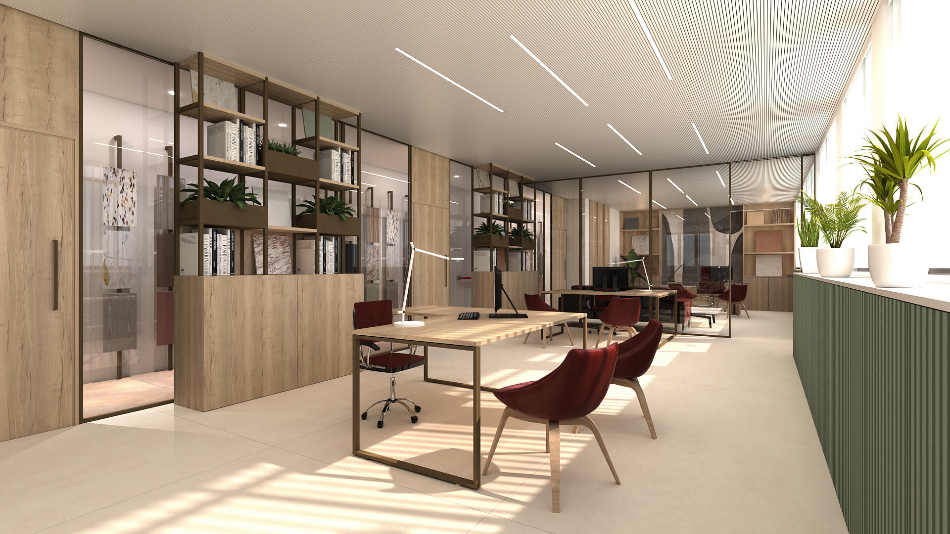 Render 3D di ufficio aziendale progettato per trasmettere la brand experience.