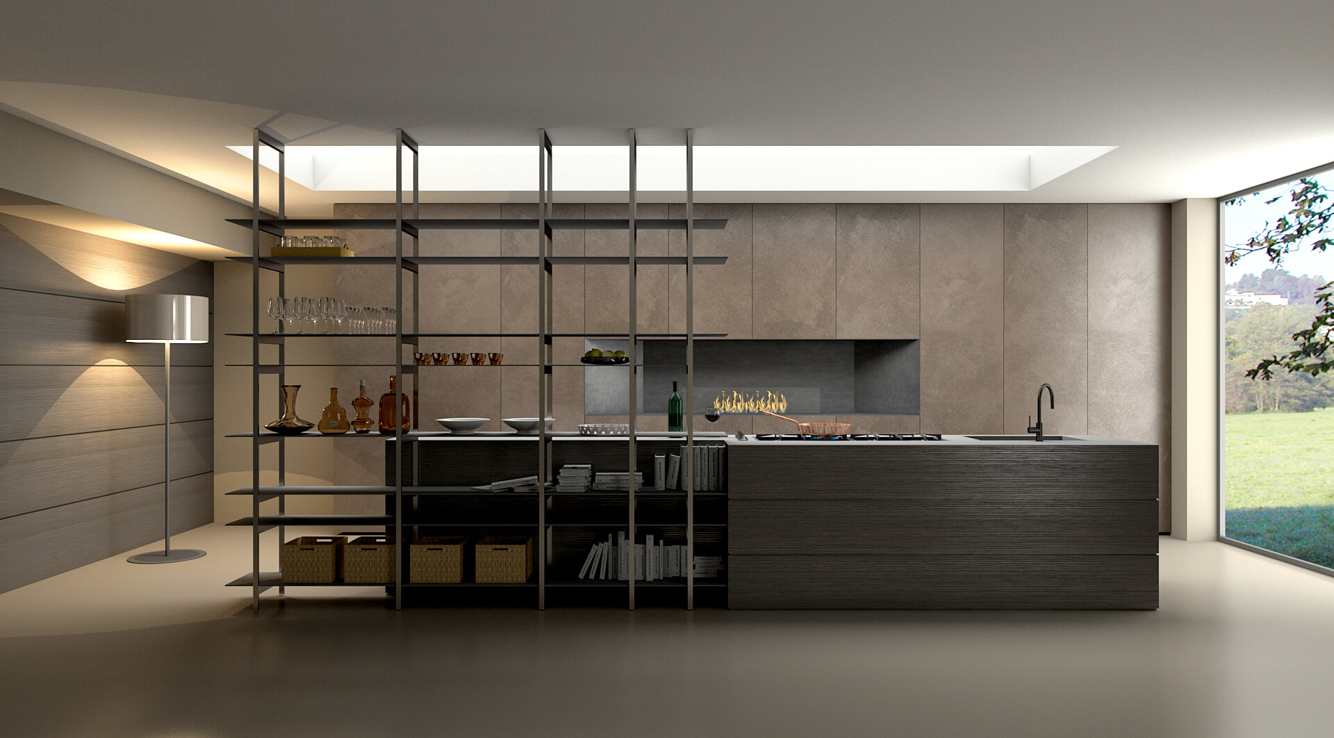 Render 3D di una cucina con tavolo apparecchiato e luce naturale, esempio di visual storytelling.