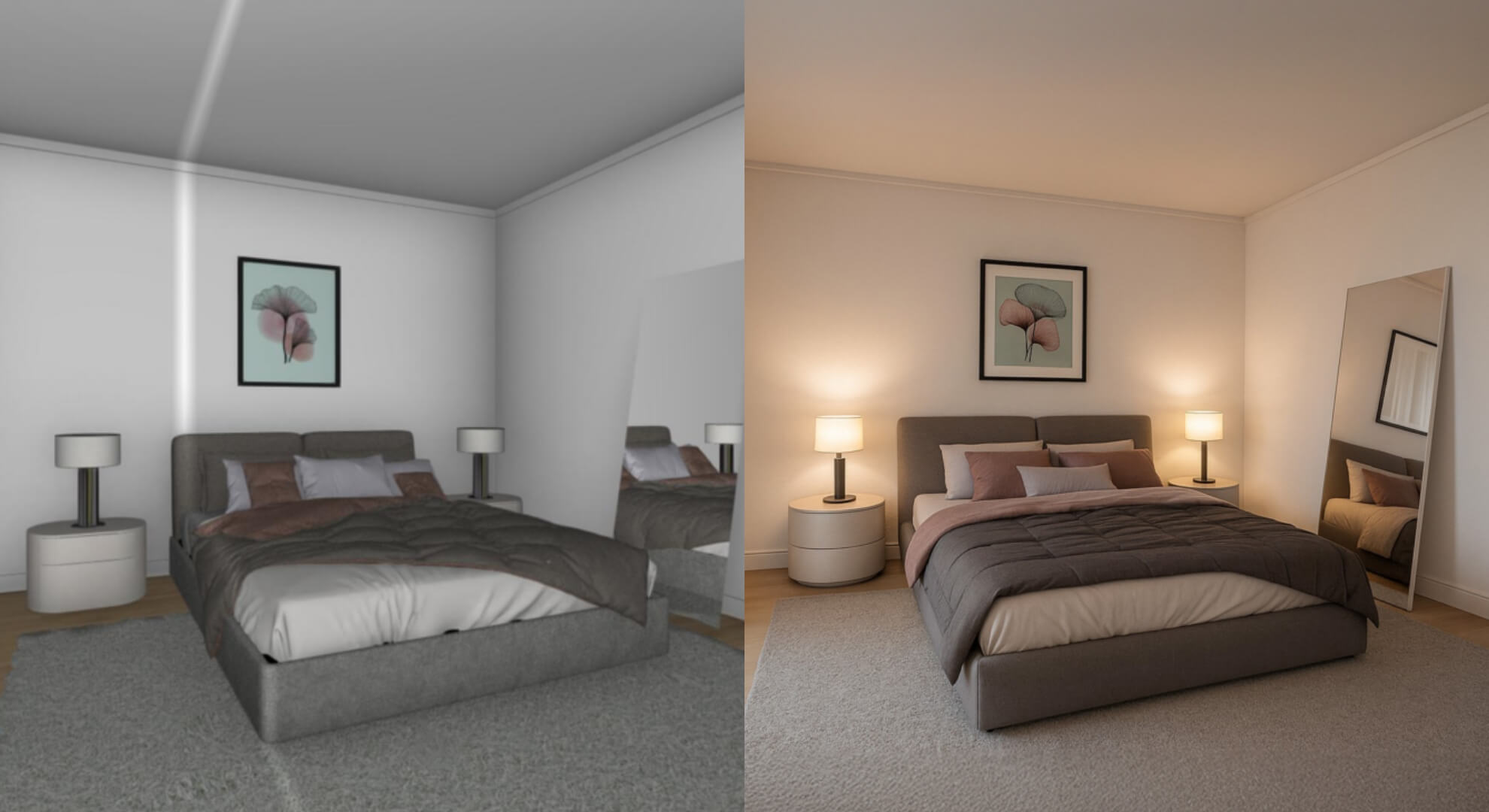 Visual comparison between traditional physics-based rendering and neural rendering with artificial intelligence